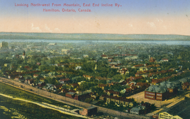 Looking north-west from mountain, East End Incline Ry [Railway] Hamilton Ontario Canada